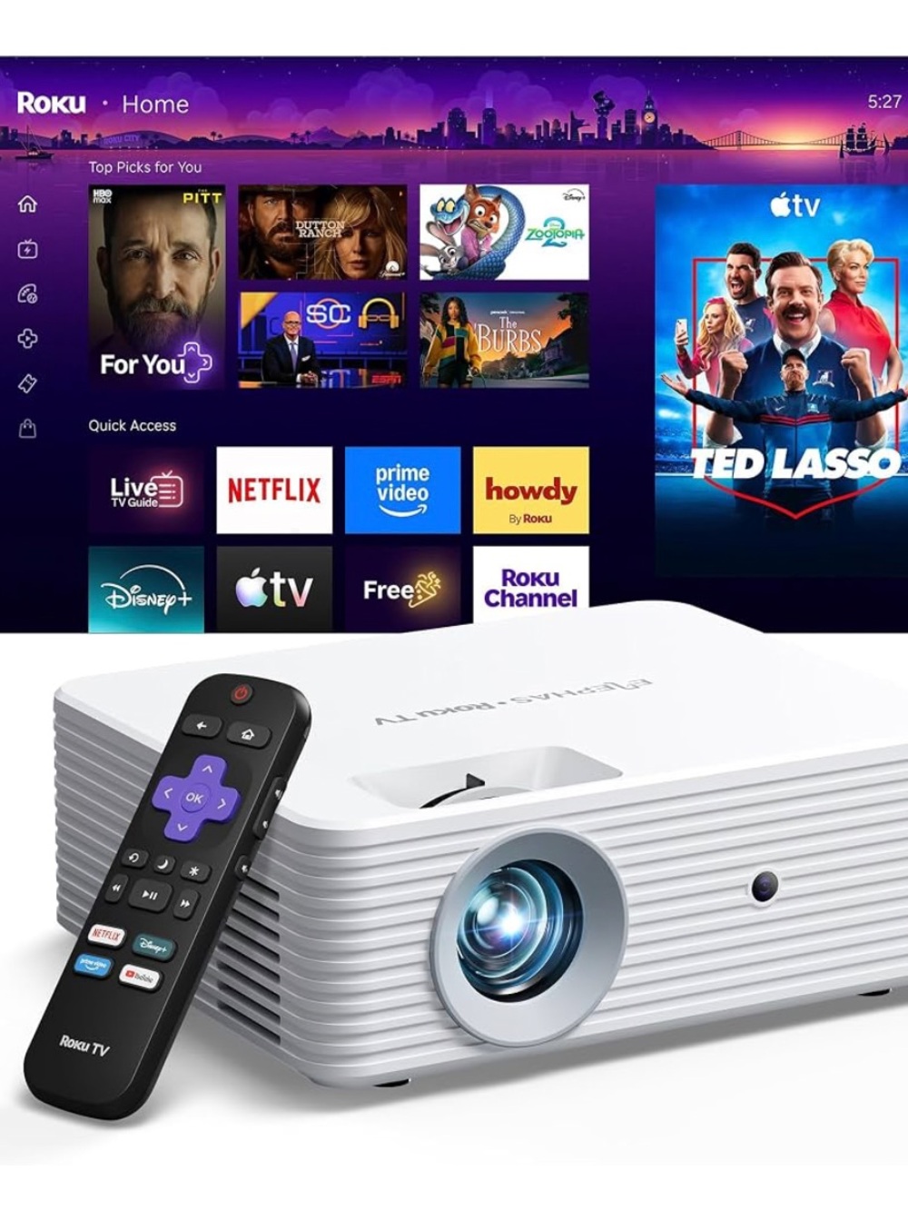 ELEPHAS Roku TV Smart Projector with Wi-Fi and Bluetooth